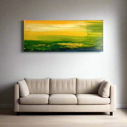 Golden Meadow - Abstract Rectangle Canvas Painting, 16" x 40"